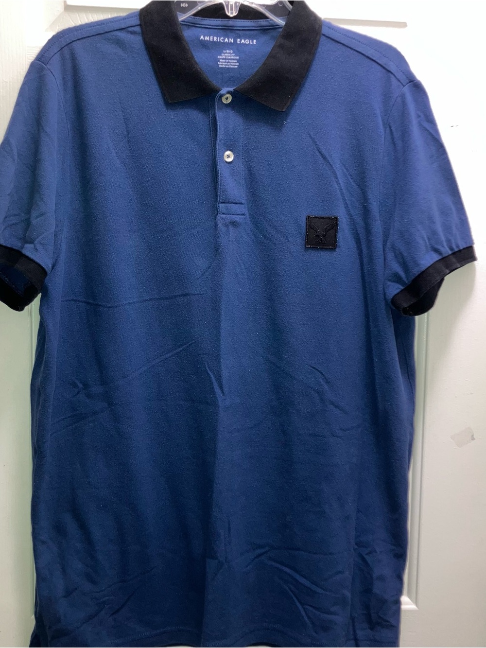 American Eagle Outfitters men's blue contrast collar pique polo shirt Size Large